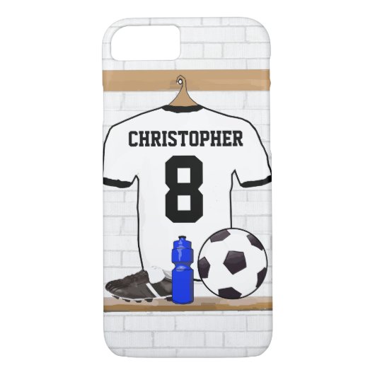 Gepersonaliseerd wit zwart Football Soccer Jersey Case-Mate iPhone Case (Achterkant)