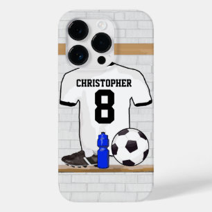 Gepersonaliseerd wit zwart Football Soccer Jersey Case-Mate iPhone 14 Pro Hoesje