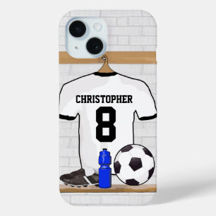 Gepersonaliseerd wit zwart Football Soccer Jersey iPhone 15 Case