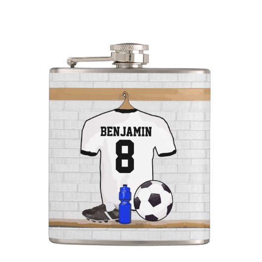 Gepersonaliseerd wit zwart Football Soccer Jersey Heupfles (Voorkant)