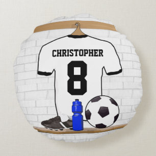 Gepersonaliseerd wit zwart Football Soccer Jersey Rond Kussen