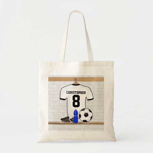 Gepersonaliseerd wit zwart Football Soccer Jersey Tote Bag (Voorkant)