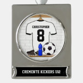 Gepersonaliseerd wit zwart Football Soccer Jersey Verzilverd Banner Ornament (Voorkant)