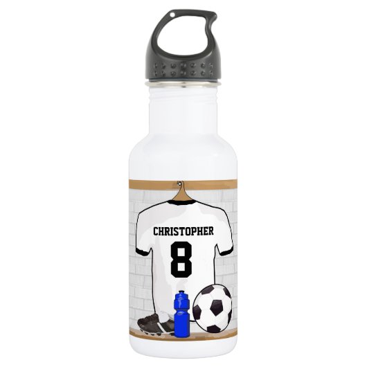Gepersonaliseerd wit zwart Football Soccer Jersey Waterfles (Voorkant)