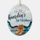 Gepersonaliseerd XMAS Ornament Blauw Houten Schuur (Rechts)