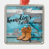 Gepersonaliseerd XMAS Ornament Blauw Houten Schuur (Voorkant)
