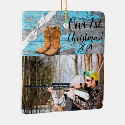 Gepersonaliseerd XMAS Ornament Blauw Houten Schuur (Rechts)