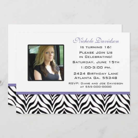 Gepersonaliseerd: Zebra Sweet 16-partijenuitnodigi Kaart (Voorkant / Achterkant)