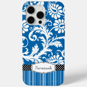Gepersonaliseerd  Zee Blauw Damast en Streep iPhone 15 Pro Max Hoesje