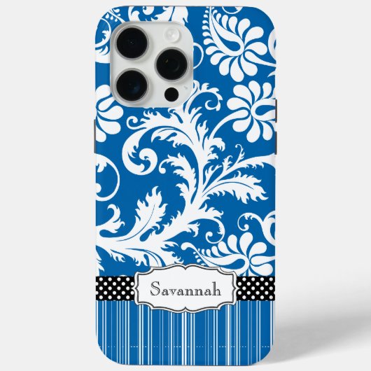 Gepersonaliseerd  Zee Blauw Damast en Streep Case-Mate iPhone Case (Achterkant)