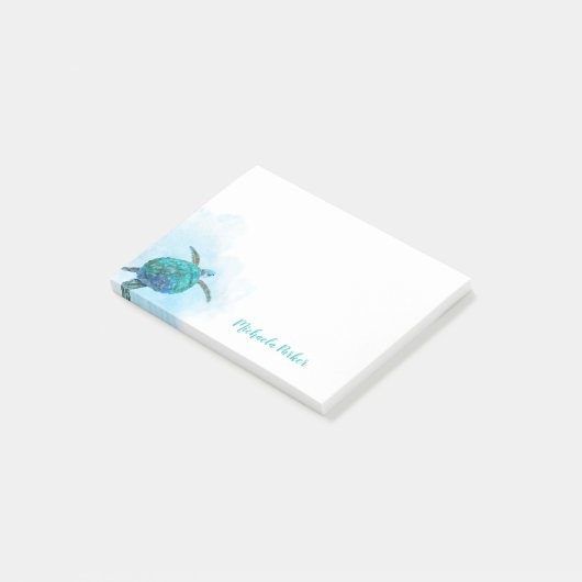 Gepersonaliseerd Zee Schildpad Waterverf Aqua Blue Post-it® Notes (Schuin)