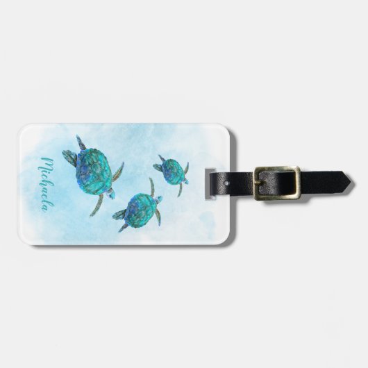 Gepersonaliseerd Zee Turtles Ocean Waterverf Bagagelabel (Voorkant horizontaal)