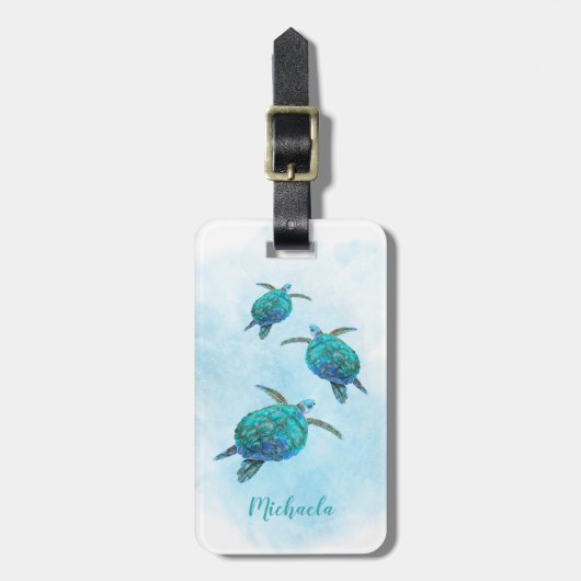 Gepersonaliseerd Zee Turtles Ocean Waterverf Bagagelabel (Voorkant verticaal)