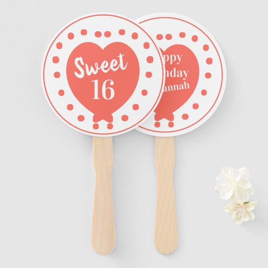 Gepersonaliseerd zoet 16 Happy Birthday Coral Hear Handwaaier (Voorkant en achterkant)