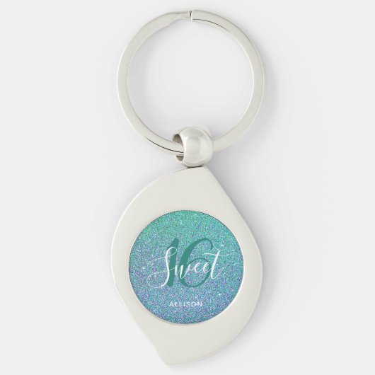 Gepersonaliseerd zoet 16 Turquoise Blue Glitter Gl Sleutelhanger (Voorkant)