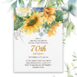 Gepersonaliseerd Zonnebloemen Eucalyptus 70th Birt Briefkaart<br><div class="desc">Mooie gele zonnebloemen en groene bladeren passen de 70e verjaardag toe op de uitnodiging van vrouwen. Je kunt de tekst op deze kaart wijzigen voor een verjaardagsfeestje voor elke leeftijd die je viert.</div>