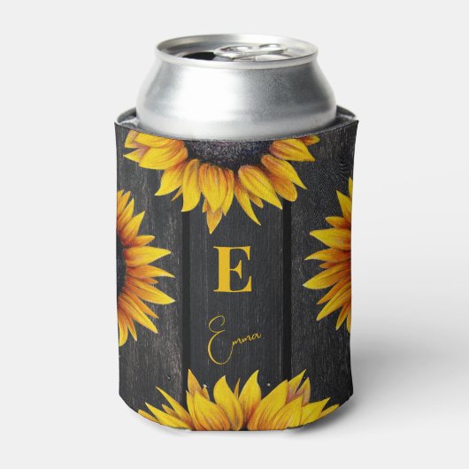 Gepersonaliseerd zonnebloemmonogram en naam blikjeskoeler (Blikje Voorkant)