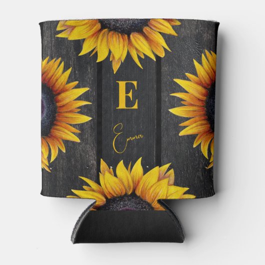 Gepersonaliseerd zonnebloemmonogram en naam blikjeskoeler (Voorkant)