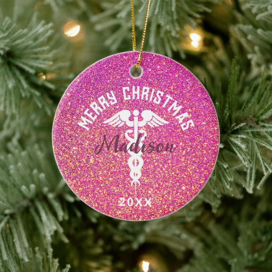 Gepersonaliseerd zurenroze kerstmis keramisch ornament (Boom)