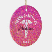 Gepersonaliseerd zurenroze kerstmis keramisch ornament (Rechts)