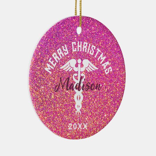 Gepersonaliseerd zurenroze kerstmis keramisch ornament (Rechts)