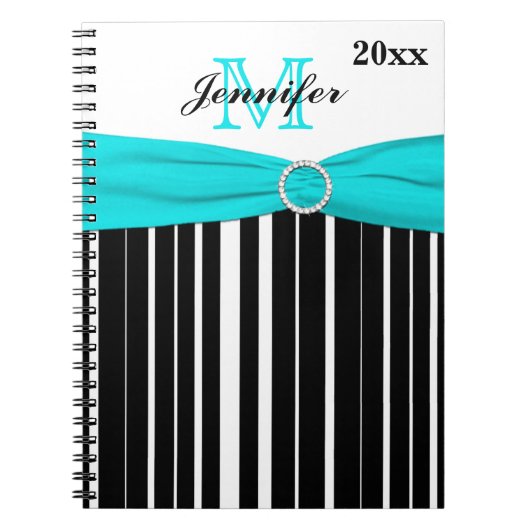 Gepersonaliseerd zwart Aqua White Striped Notitieb Notitieboek (Voorkant)