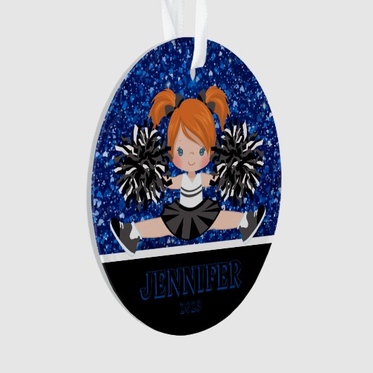 Gepersonaliseerd Zwart & Blauw Cheerleading Orname Ornament (voorkant)