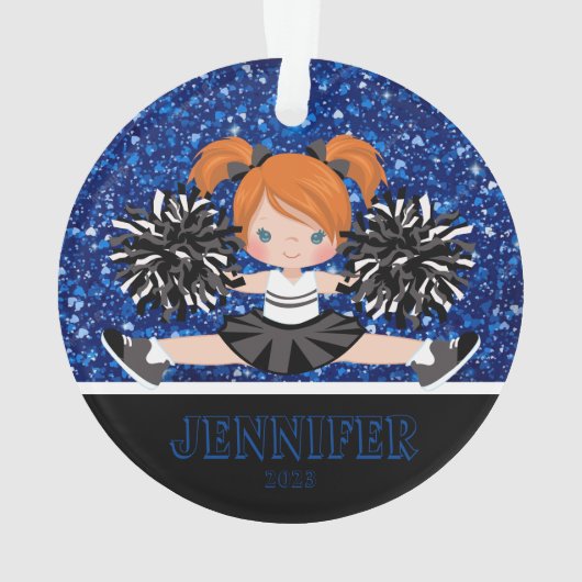 Gepersonaliseerd Zwart & Blauw Cheerleading Orname Ornament (achterkant)