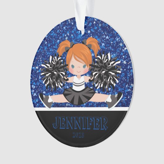 Gepersonaliseerd Zwart & Blauw Cheerleading Orname Ornament (voorkant)