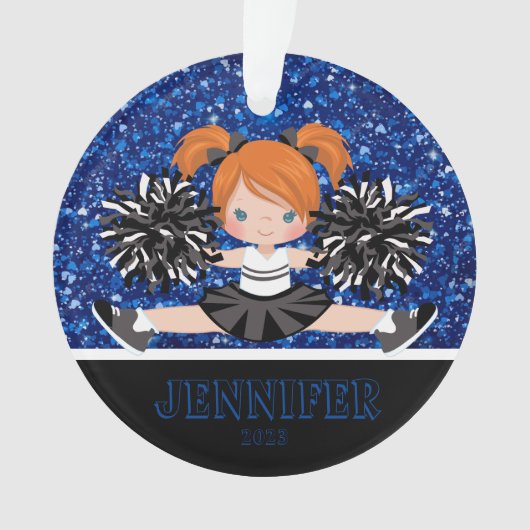 Gepersonaliseerd Zwart & Blauw Cheerleading Orname Ornament (voorkant)