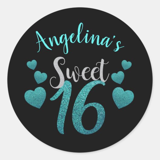 Gepersonaliseerd Zwart & Blauwgroen Glitter Sweet Ronde Sticker (Voorkant)