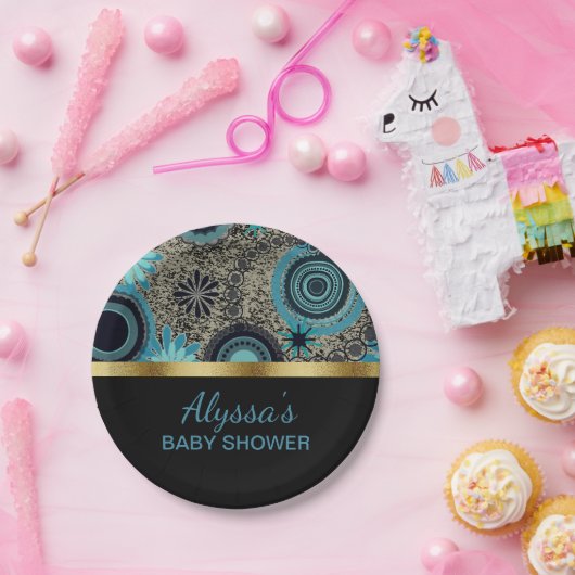 Gepersonaliseerd zwart Blauwgroen Gold-Baby shower Papieren Bordje (Feest)