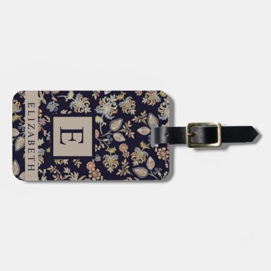 Gepersonaliseerd zwart bloemengrijs bagagelabel (Voorkant horizontaal)