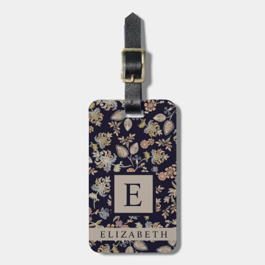 Gepersonaliseerd zwart bloemengrijs bagagelabel (Voorkant verticaal)