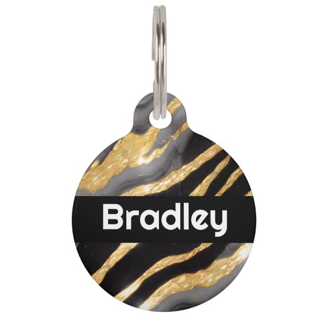 Gepersonaliseerd zwart en faux goud huisdierpenning (Voorkant)