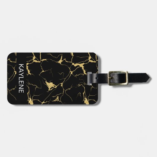 Gepersonaliseerd zwart en goud marmeren Bagagelabe Bagagelabel (Voorkant horizontaal)