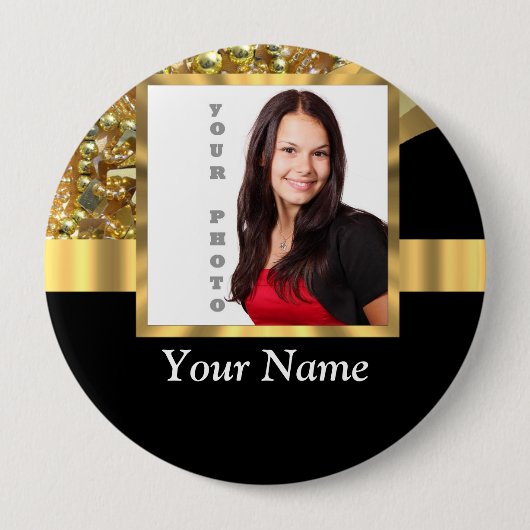 Gepersonaliseerd zwart en goud ronde button 4,0 cm (Voorkant)