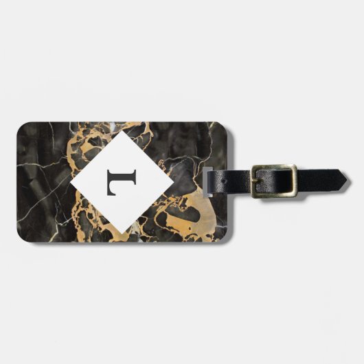 Gepersonaliseerd zwart en goudmarmer bagagelabel (Voorkant horizontaal)