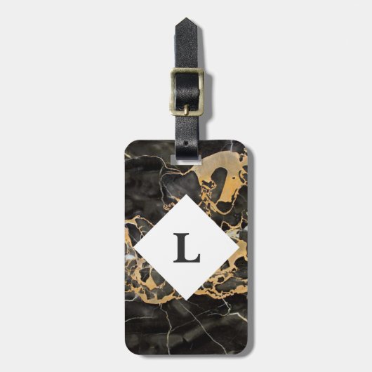 Gepersonaliseerd zwart en goudmarmer bagagelabel (Voorkant verticaal)
