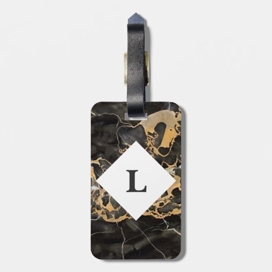 Gepersonaliseerd zwart en goudmarmer bagagelabel (Achterkant verticaal)