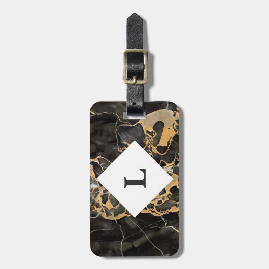 Gepersonaliseerd zwart en goudmarmer bagagelabel (Voorkant verticaal)