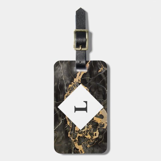 Gepersonaliseerd zwart en goudmarmer bagagelabel (Voorkant verticaal)