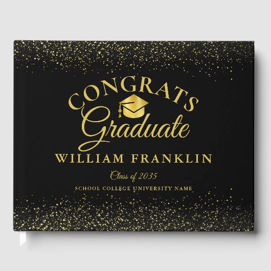 Gepersonaliseerd zwart en goudmatig Afstuderen Gastenboek (Voorkant)