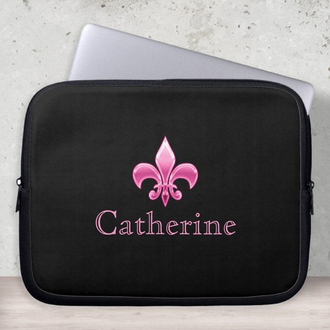 Gepersonaliseerd zwart en roze fleur De Lis Laptop Sleeve (Creator heeft geüpload)