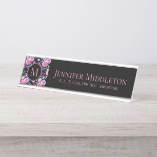 Gepersonaliseerd zwart Floral roze monogram Bureau Naambordje