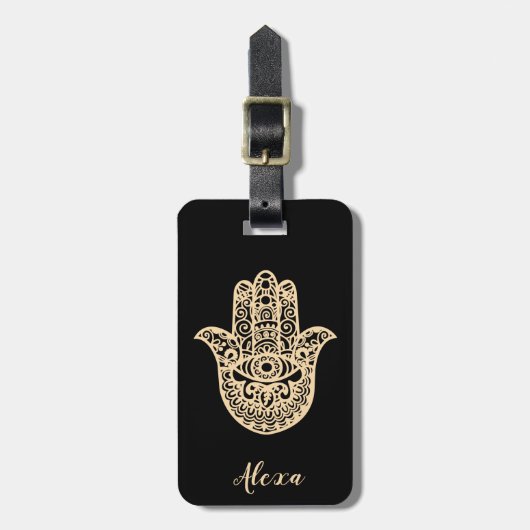 Gepersonaliseerd zwart geluk geschenk hamsa hand bagagelabel (Voorkant verticaal)