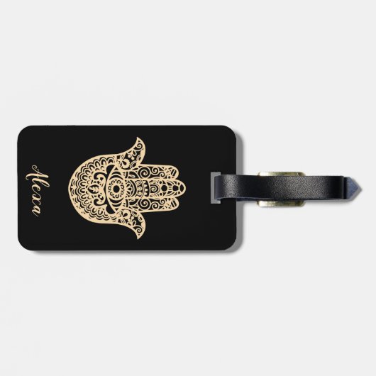 Gepersonaliseerd zwart geluk geschenk hamsa hand bagagelabel (Achterkant horizontaal)