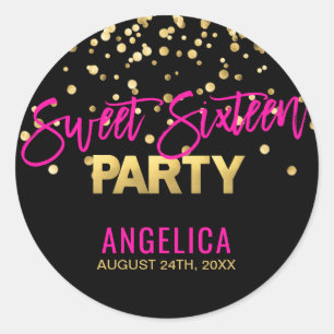 Gepersonaliseerd zwart Gold Hot Pink Sweet SIXTEEN Ronde Sticker