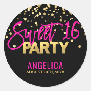 Gepersonaliseerd zwart Gold Hot Pink Sweet SIXTEEN Ronde Sticker
