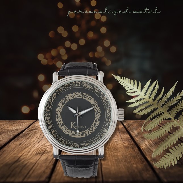 Gepersonaliseerd zwart goud bloemmotief horloge (Personalized Black Gold Floral Pattern Monogram Watch)